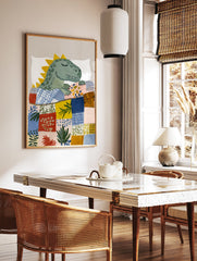 Dinosaur wall art print showing a cute sleeping green dinosaur under a colorful patchwork quilt on a white pillow. - Image 2