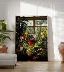 Disco ball poster reflecting sunlight amidst lush green plants in a bright greenhouse setting, a vibrant botanical print. - Image 3