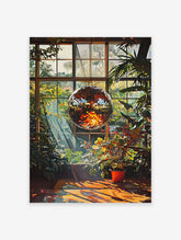 Disco ball poster in a sunlit greenhouse filled with lush green plants and warm reflections on the wooden floor.
