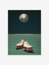Disco ball above white roller skates with red wheels on a green grid floor retro poster