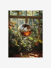 Illustrative print of a shiny disco ball among green and orange plants in a sunlit conservatory with windows