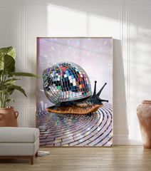 A disco snail poster featuring a snail with a shimmering mirror ball shell on a reflective surface with colorful light reflections. - Image 3