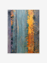 Abstract wall art with distressed vertical stripes in teal, orange, grey, and purple textured hues