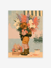 Surreal coastal poster of a diver in a brass helmet holding a coral bouquet, with boats and pastel sky