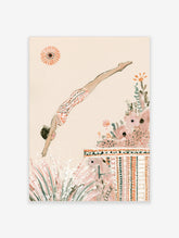 Diving woman in peach swimsuit with abstract sun and pink flowers, pastel illustration art print