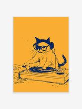Illustrative art print of a cat wearing headphones and glasses, DJing on a turntable, with dark blue lines on yellow