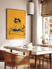 Illustrative art print of a cat wearing headphones and glasses, DJing on a turntable, with dark, in a styled room mockup