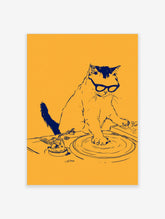 Stylised blue line illustration of a cat wearing glasses DJing on turntables against a solid yellow background