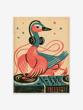 Colourful DJ flamingo poster with headphones and record deck, retro music wall art print