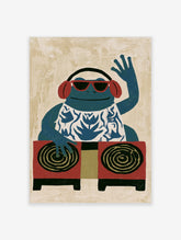 Illustrative blue frog DJ art print wearing red sunglasses and headphones