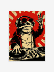 DJ frog wall art print featuring a toad with sunglasses and headphones at a mixing deck on a red sunburst background