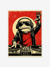 Illustrative DJ frog wearing headphones and sunglasses at a turntable, red background, retro music poster art print