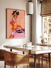 Painterly illustration of a female DJ with headphones and a ruffled orange dress working at a, in a styled room mockup