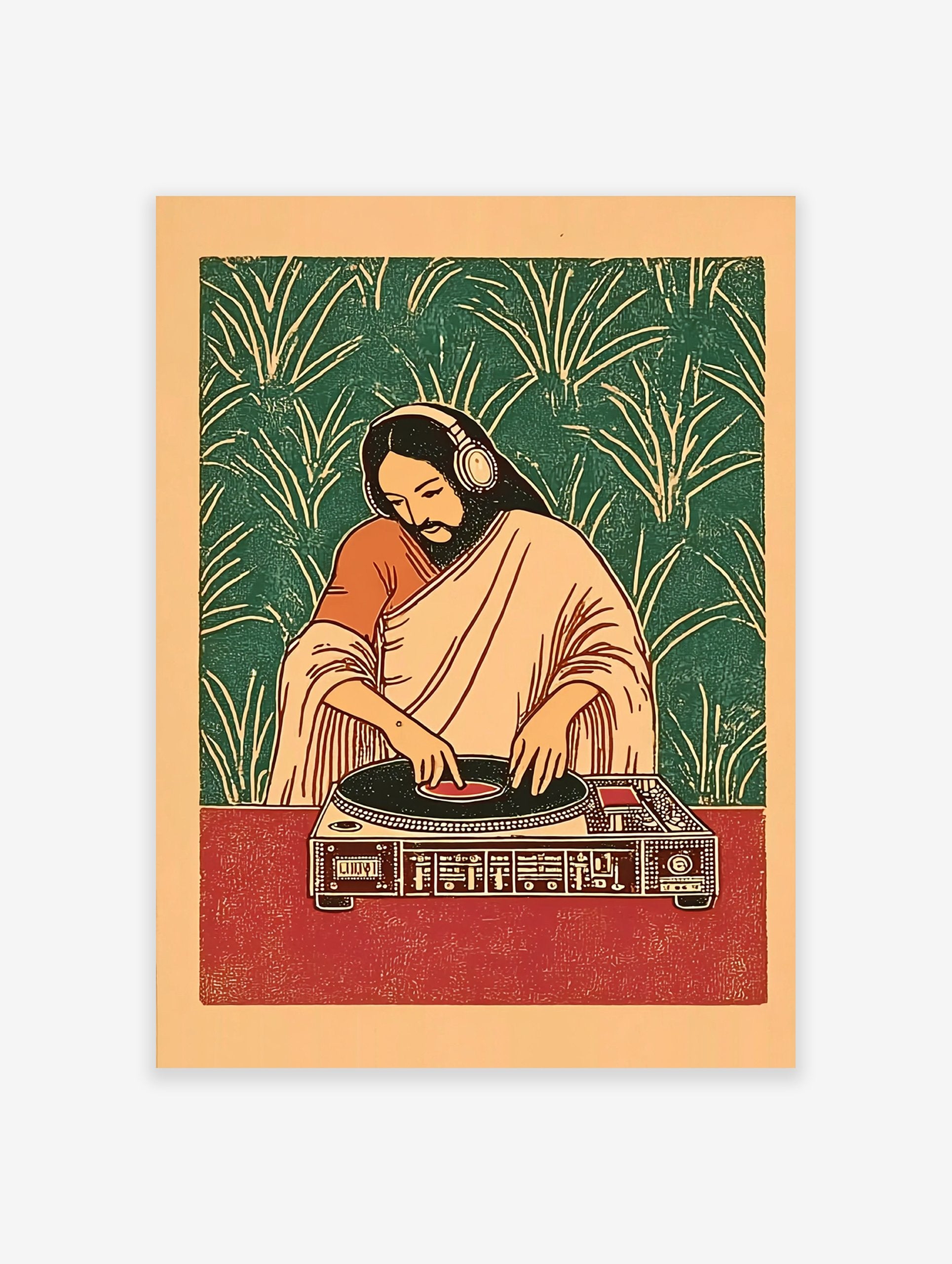 Illustrative DJ Jesus poster in Indian attire with headphones mixing on a turntable against a green leaf pattern background.
