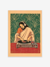 Illustrative DJ Jesus poster in Indian attire with headphones mixing on a turntable against a green leaf pattern background.