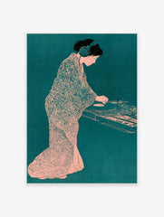 Illustration of a woman in a patterned kimono and headphones mixing on a turntable in a teal and peach colour scheme
