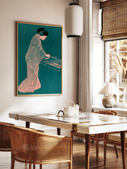 Illustration of a woman in a patterned kimono and headphones mixing on a turntable in a teal and, in a styled room mockup
