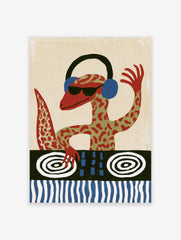 A red gecko DJ wearing headphones and sunglasses at a turntable, illustrative wall art print on a neutral background