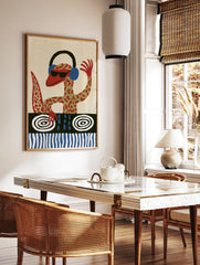 A red gecko DJ wearing headphones and sunglasses at a turntable, illustrative wall art print on a, in a styled room mockup