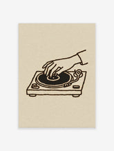 Minimalist DJ turntable poster with hand mixing vinyl, black line drawing on beige background