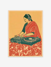 Illustrated DJ wall art featuring an Indian woman in a red sari and headphones, mixing music on a turntable.