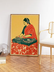 Illustrated DJ wall art featuring an Indian woman in a red sari and headphones, mixing music on a turntable. - Image 2