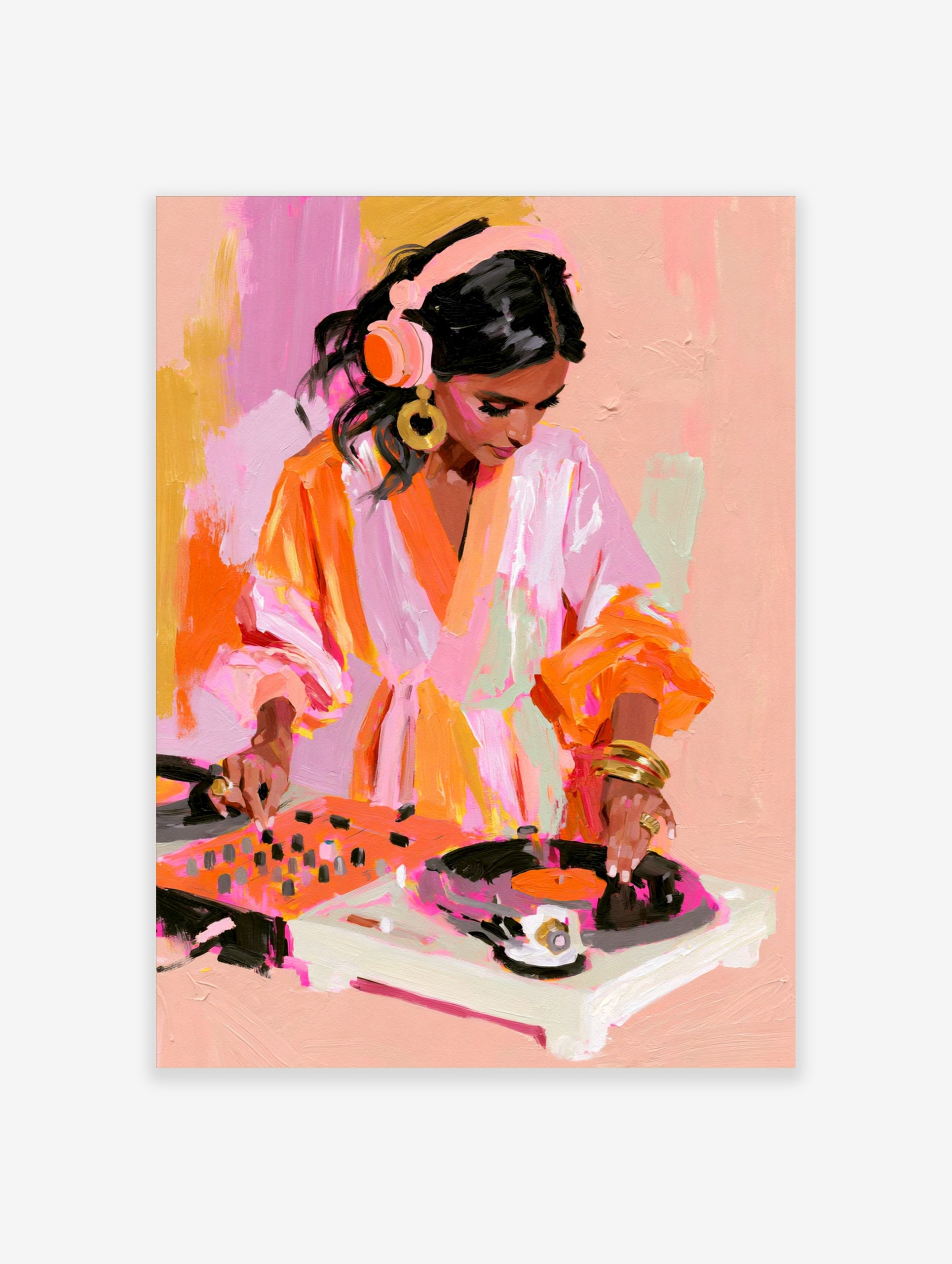 Painterly illustration of a female DJ wearing headphones mixing on turntables in vibrant pink and orange tones