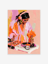 Painterly illustration of a female DJ wearing headphones mixing on turntables in vibrant pink and orange tones