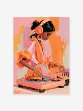 Painterly illustration of a female DJ with headphones mixing music, in vibrant shades of orange and pink