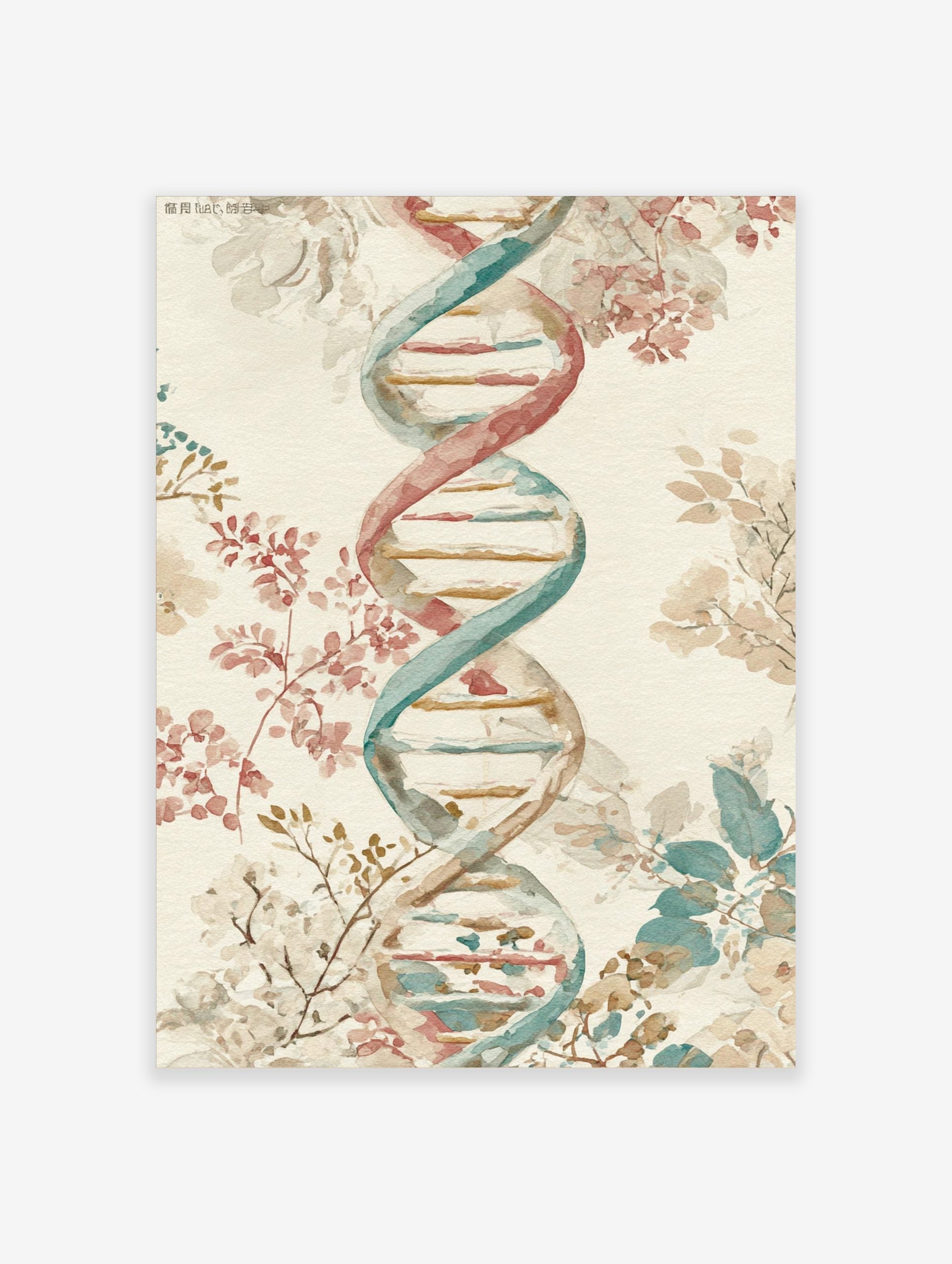 Watercolour DNA double helix with red, teal, and gold tones, surrounded by botanical branches and leaves