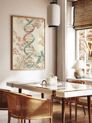 Watercolour DNA double helix with red, teal, and gold tones, surrounded by botanical branches and, in a styled room mockup