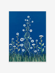 Illustrative DNA helix intertwined with white flowers, green leaves, and grass on a deep blue background