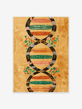 Abstract DNA Wall Art print with a double helix design in black, green, orange, and red patterns on a textured golden background.
