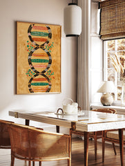 Abstract DNA Wall Art print with a double helix design in black, green, orange, and red patterns on a textured golden background. - Image 2