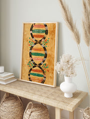 Abstract DNA Wall Art print with a double helix design in black, green, orange, and red patterns on a textured golden background. - Image 3
