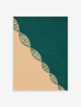 Abstract DNA double helix wall art print with teal and beige diagonal split background and speckled texture.