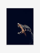 Illustrative Doberman dog barking with mouth open, detailed linework, dark and tan tones on a black background