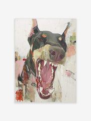 Abstract painting of a Doberman dog with wide open mouth and bared teeth in dark grey, pink, and red tones