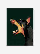 Illustrative Doberman dog wall art showing the animal howling with its mouth open, in black and tan on dark green