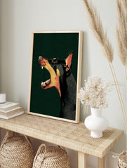 Illustrative Doberman dog head with mouth open, barking, black and tan on dark green textured, in an alternate framed mockup