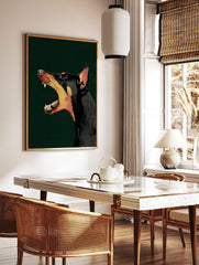 Illustrative Doberman dog head with mouth open, barking, black and tan on dark green textured, in a styled room mockup