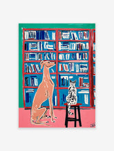 Modern painting of a peach dog and spotted cat in a blue bookshelf room with pink floor and green wall, animal wall art.