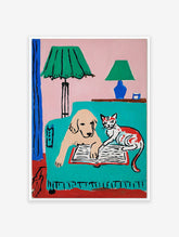 Colorful dog and cat reading a book on a teal couch under green lamps, a whimsical pet illustration art print.