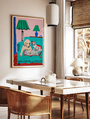 Colorful dog and cat reading a book on a teal couch under green lamps, a whimsical pet illustration art print. - Image 2