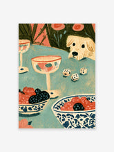 Painterly poster of a cream dog peeking over a teal table with cocktail glasses, dice, and berry bowls