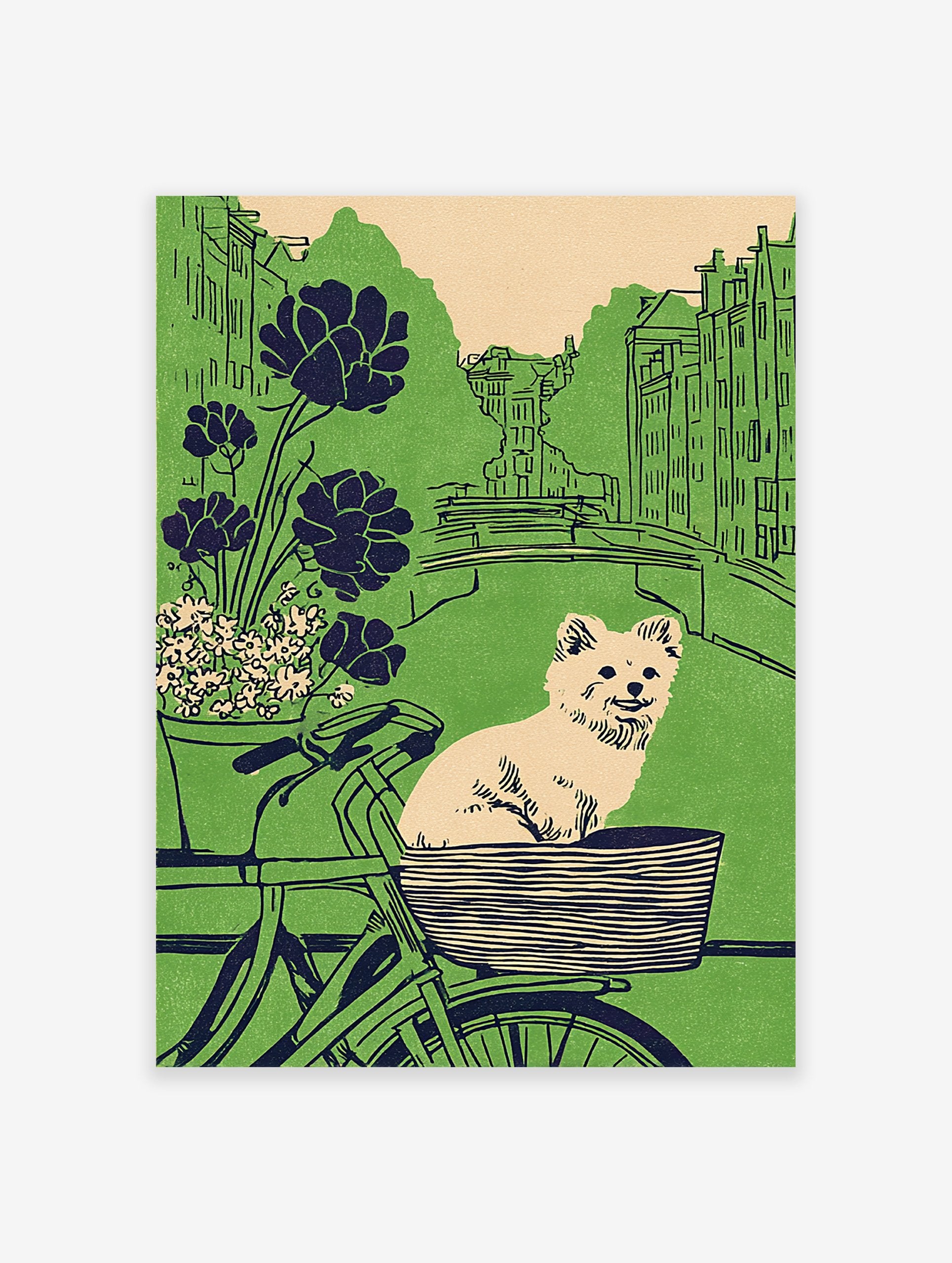 Illustrative dog art print featuring a fluffy dog in a bicycle basket, with a green city canal and buildings in the background.