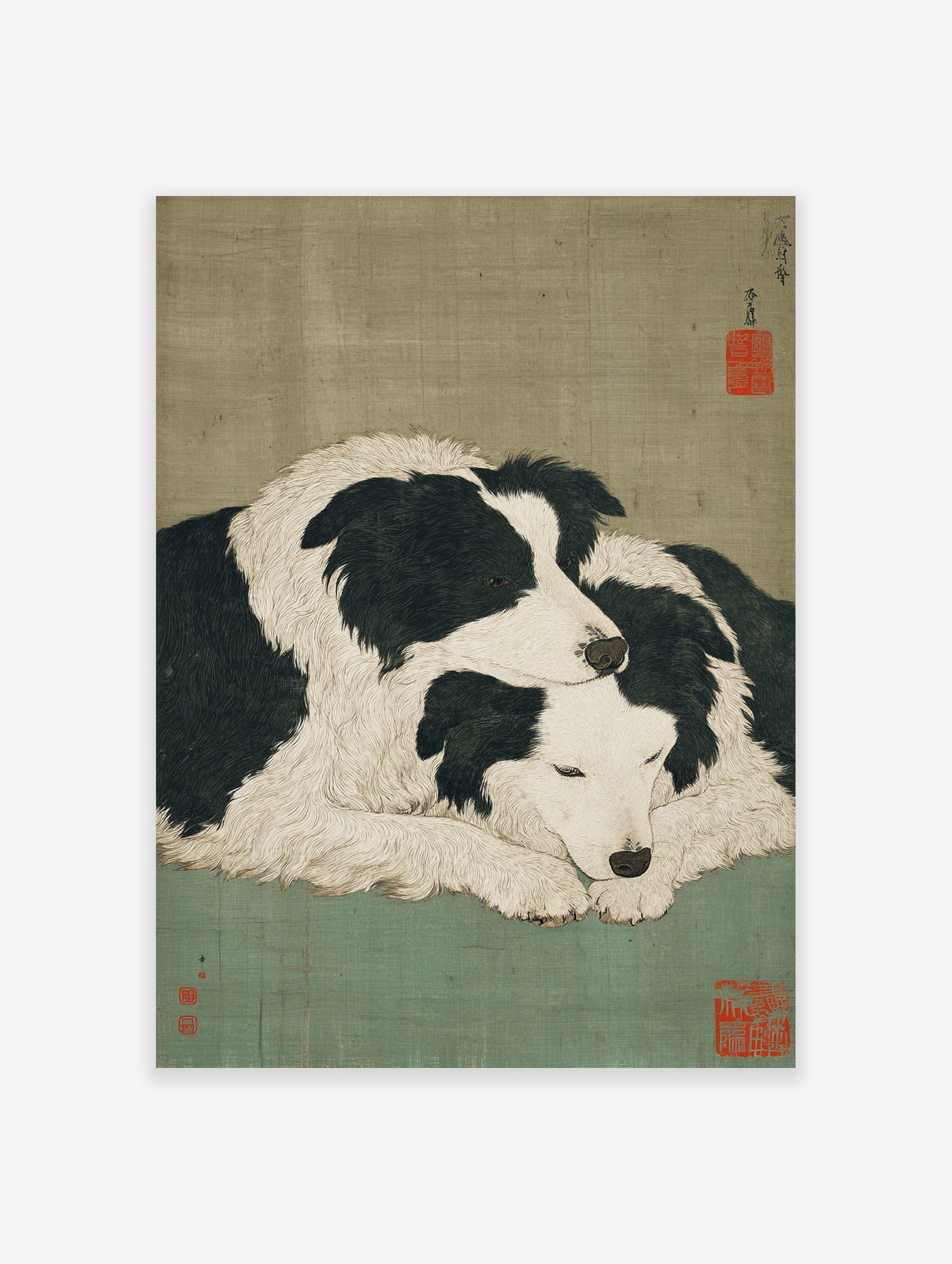 Japanese style dog art print showing two black and white Border Collies cuddling on a muted green background.