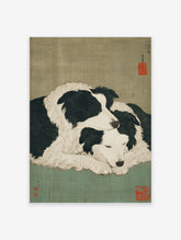 Japanese style dog art print showing two black and white Border Collies cuddling on a muted green background.