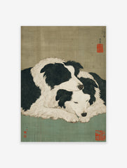 Japanese style dog art print showing two black and white Border Collies cuddling on a muted green background.