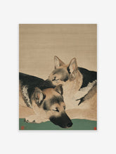 Japanese style dog art print showing two sleeping German Shepherds on a green and beige background.